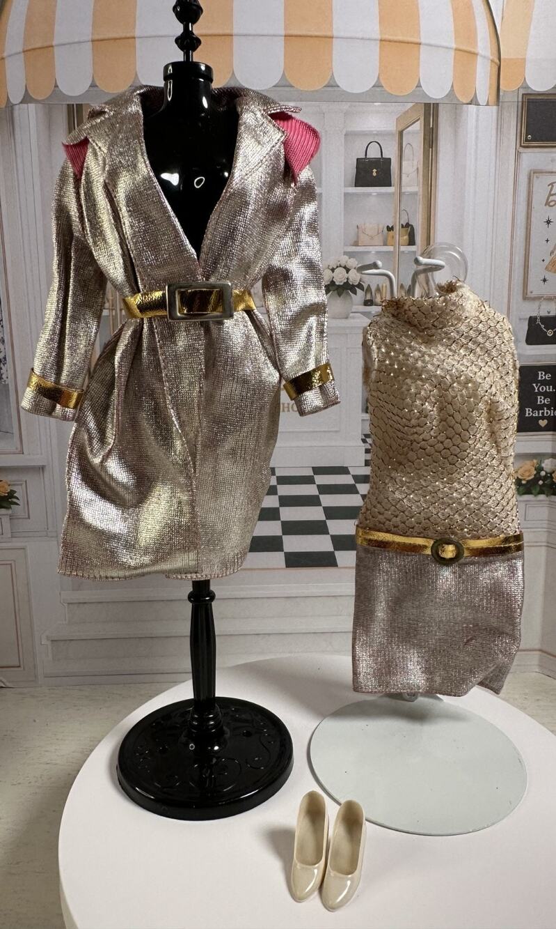 Vintage 1960's Barbie Intrigue #1470 Outfit Gold Lame Coat Dress Shoes Belt